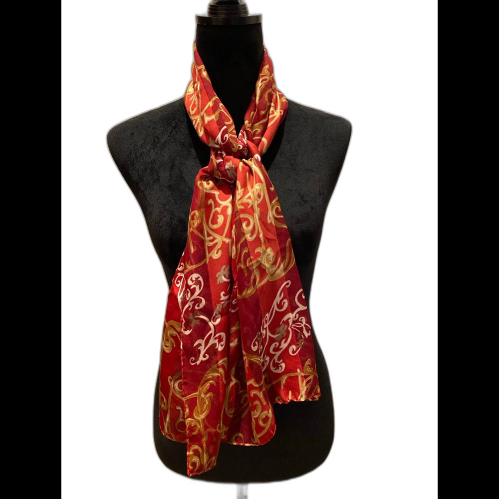 Liz Claiborne Scarf Holiday Red‎ Gold Silky Feel Long Flowy Versatile Christmas - Picture 3 of 9